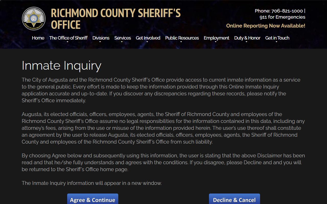 Richmond County inmate roster disclaimer page for jail records search