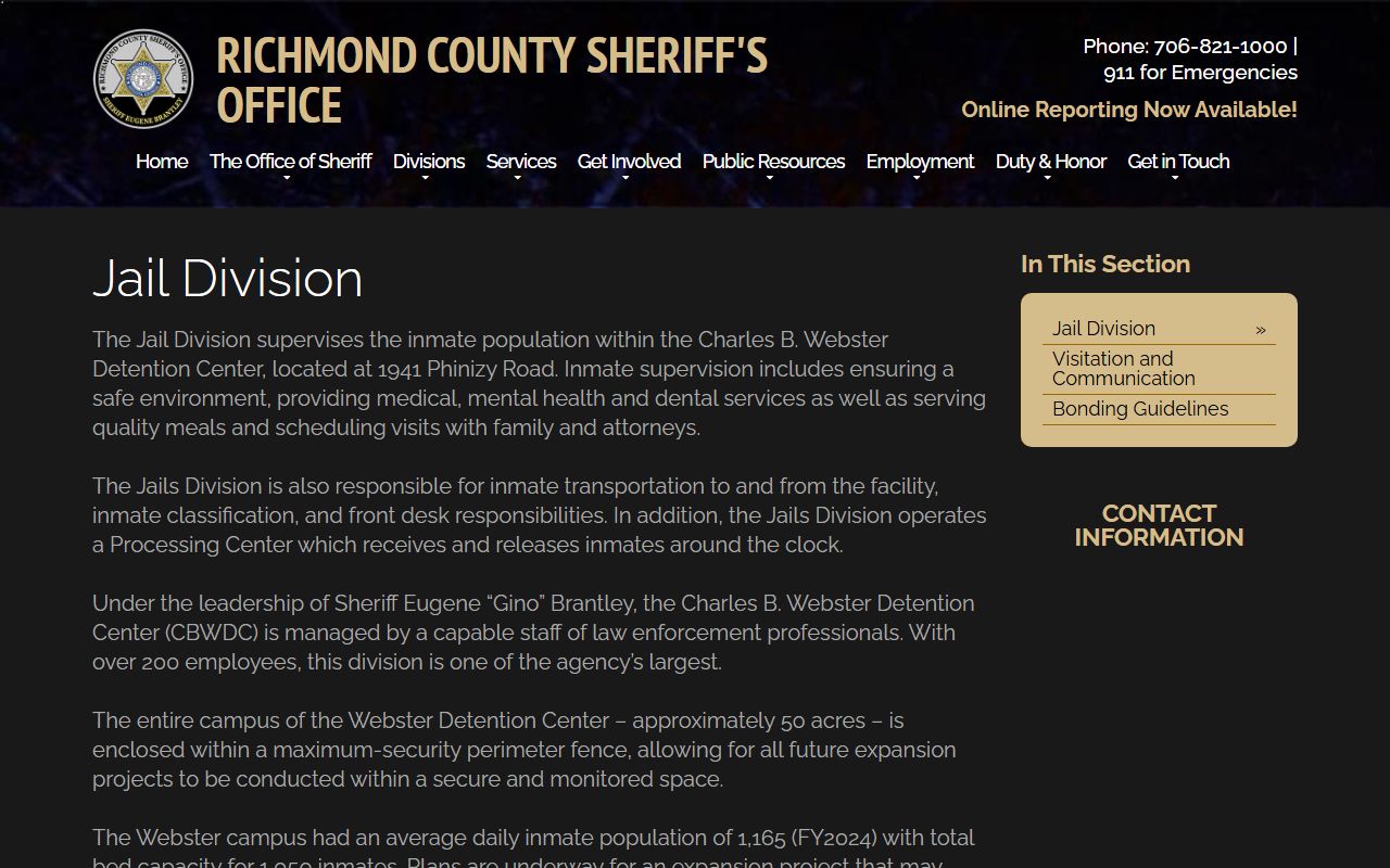 Charles B. Webster Detention Center Richmond County jail population page
