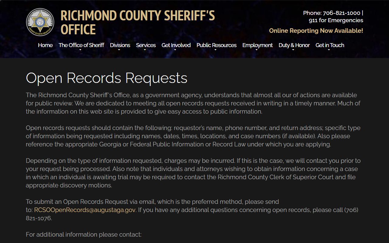 Richmond County jail mugshots open records request page