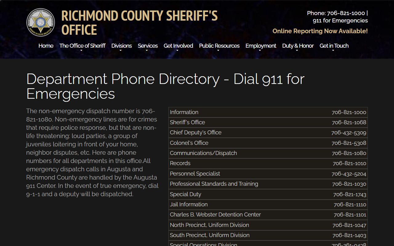 Richmond County Jail Law Enforcement Center inmate information phone directory